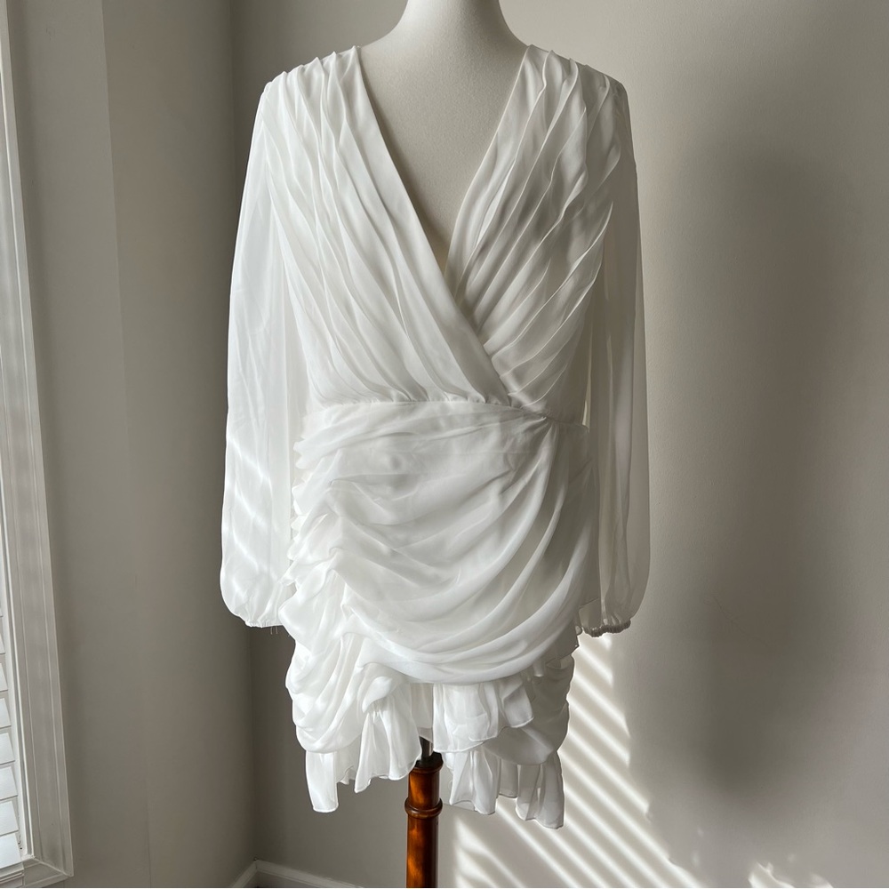 Showpo White Plunge Balloon Long Sleeve Mini Dress